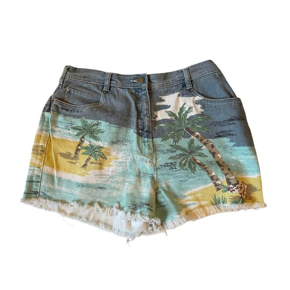 Denim Shorts Painted Beach Palm Tree Shorts Size 16 (measurements in photos)